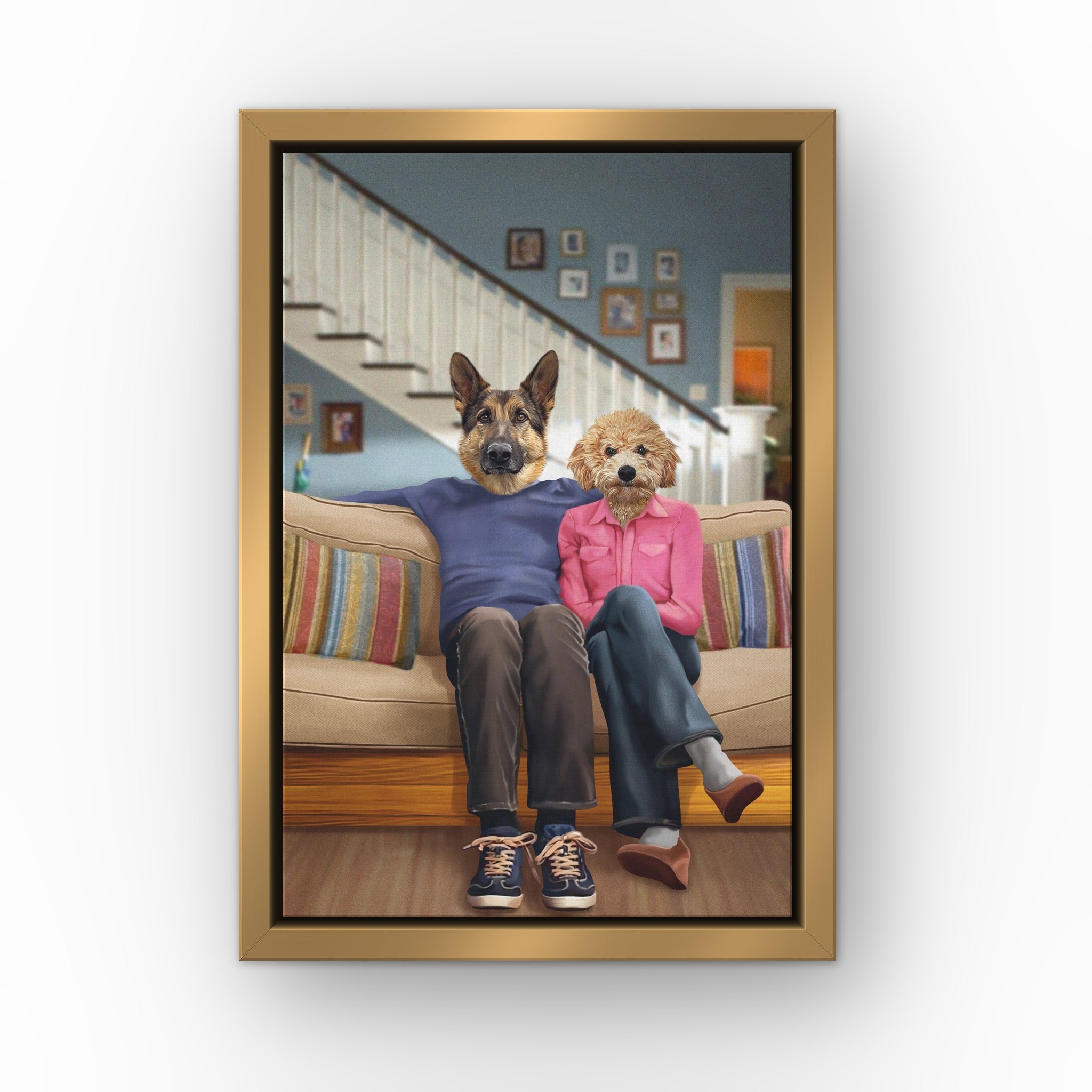 Phil and Claire custom pet canvas in a gold floating frame
