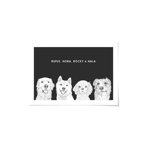 Crown and Paw - Framed Poster Illustrated Pet Portrait - Four Pets 8" x 10" / Unframed / Charcoal