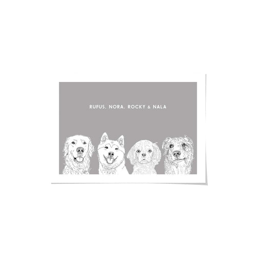 Crown and Paw - Framed Poster Illustrated Pet Portrait - Four Pets 8" x 10" / Unframed / Grey