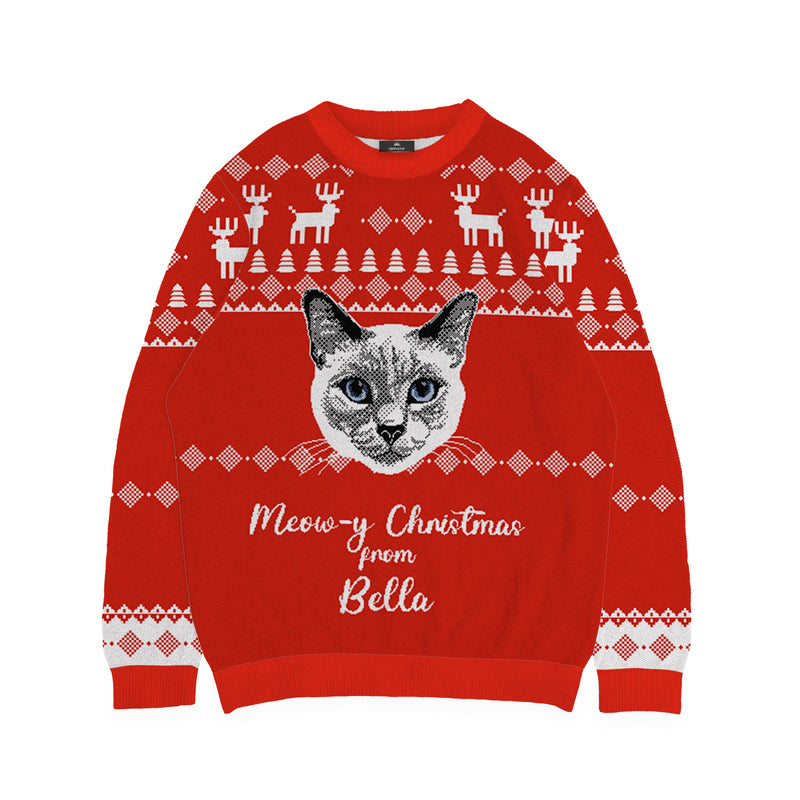 Reindeer Pattern Cat Face Sweater - Custom Christmas Knitwear