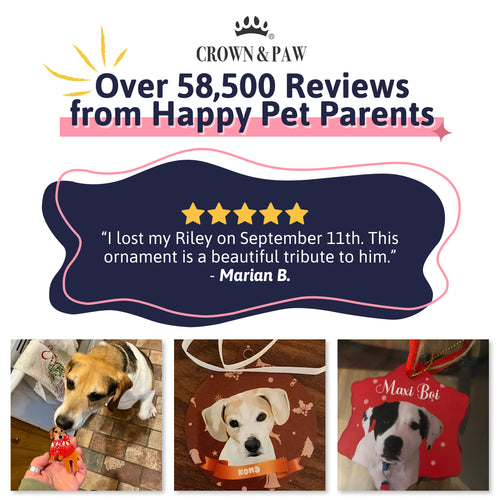 Over 58,500 reviews from happy pet parents: a five-star review of a Crown & Paw custom pet ornament