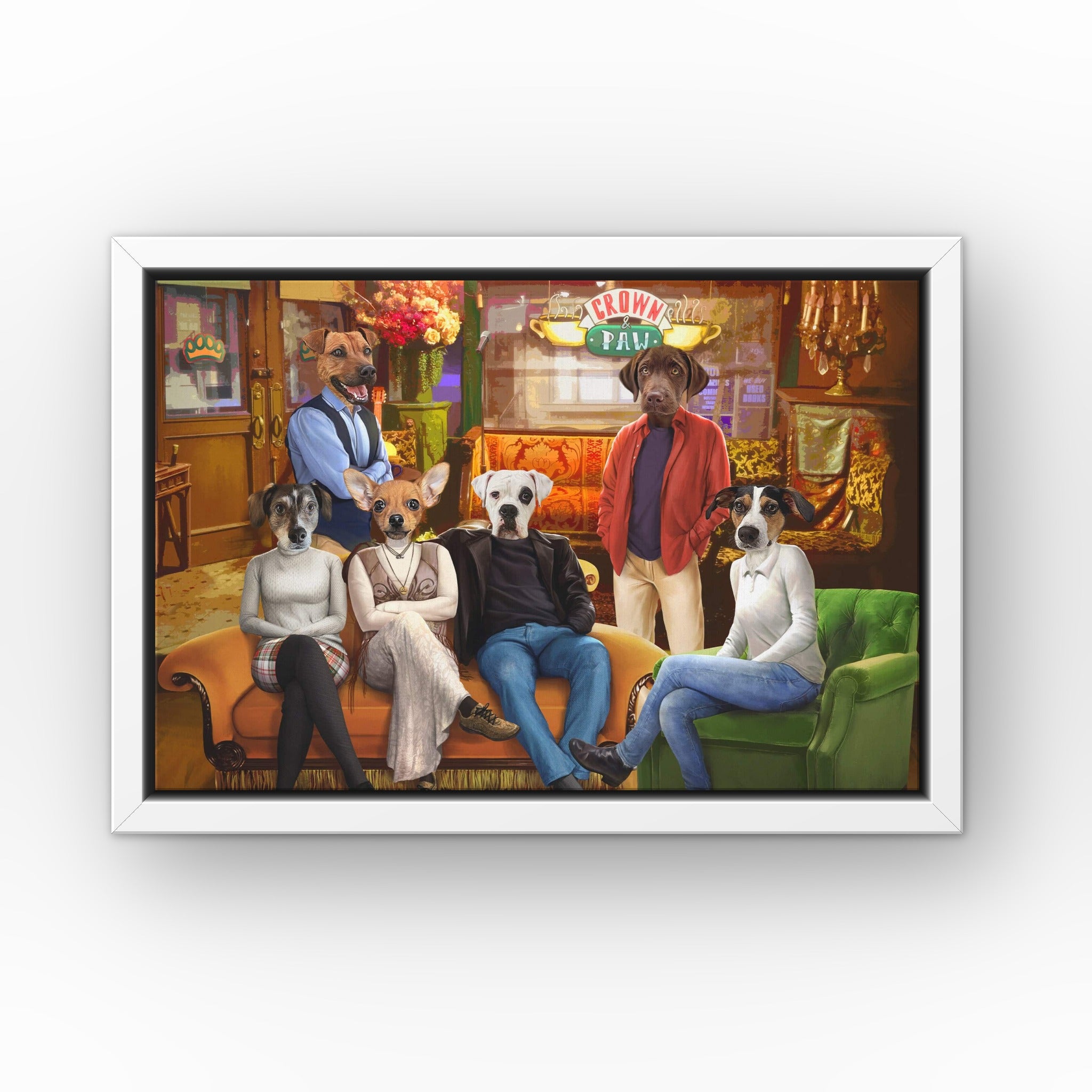 Six Coffee House Friends custom pet canvas in a white floating frame