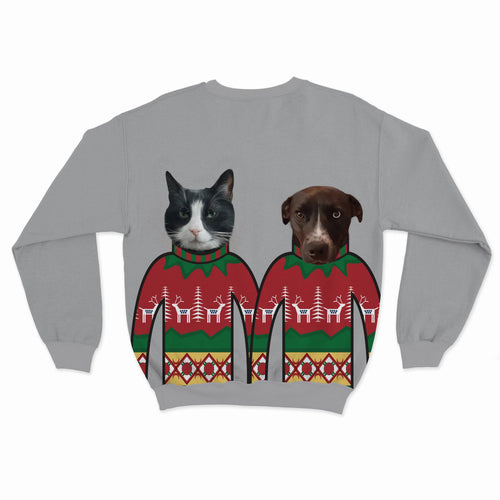 Crown and Paw - Custom Clothing Custom Pet Face Christmas Sweatshirt - Two Pets Sports Grey / Red / S
