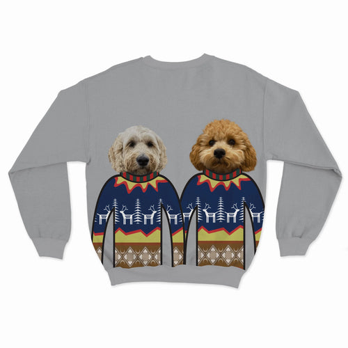 Crown and Paw - Custom Clothing Custom Pet Face Christmas Sweatshirt - Two Pets Sports Grey / Blue / S