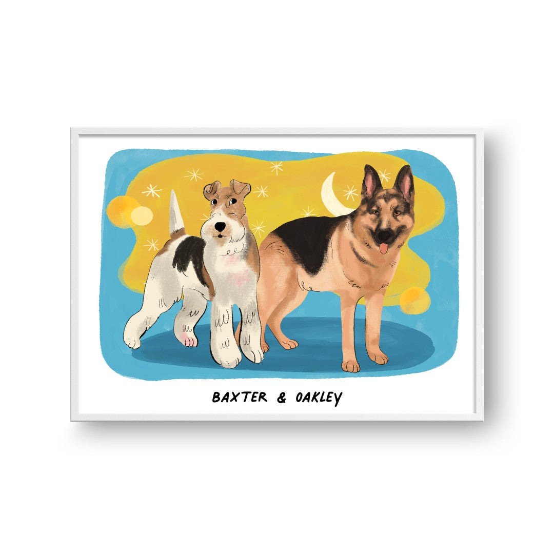 Premium Watercolor Pet Portrait - Two Pets, Framed Poster