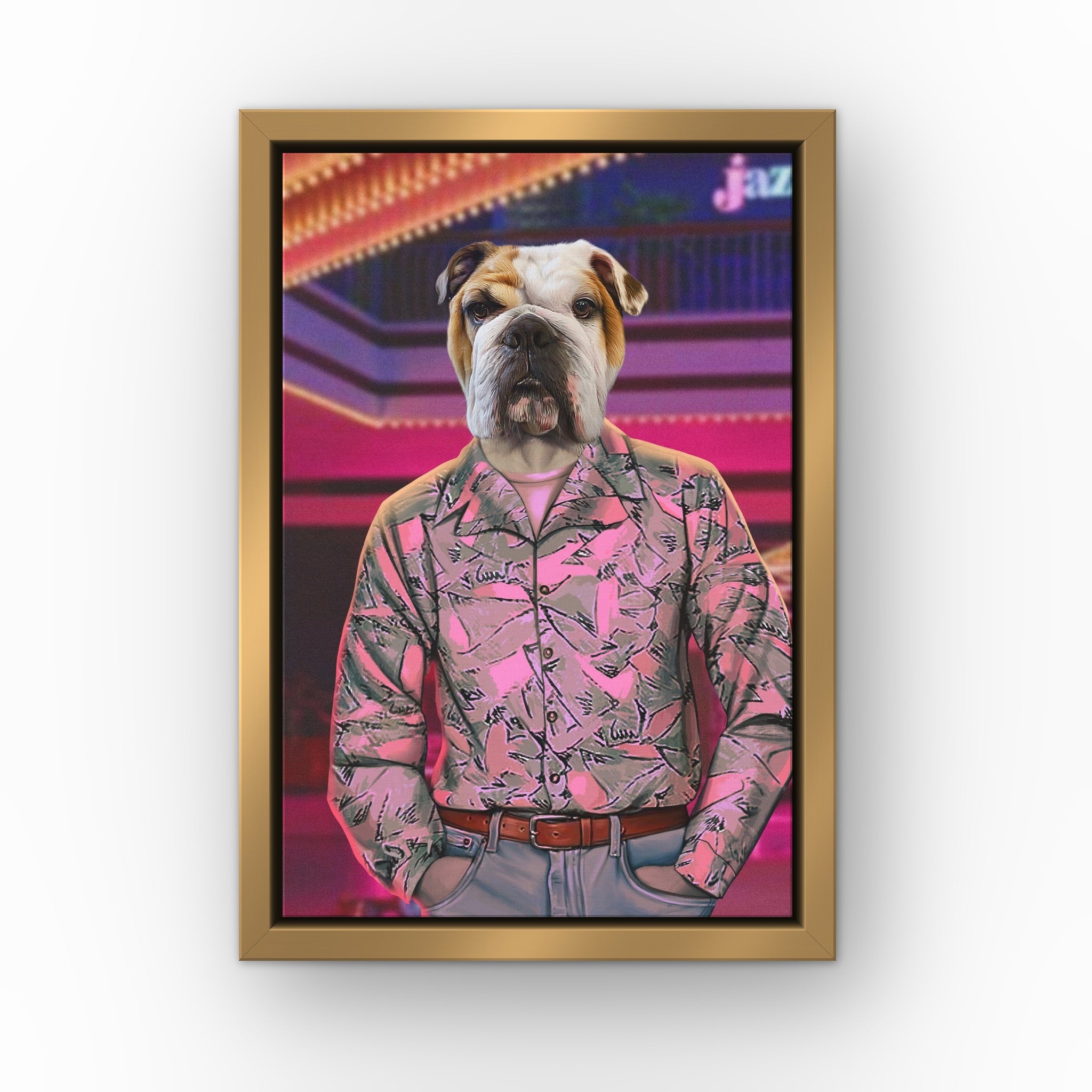 The 80's Cop custom pet canvas in a gold floating frame