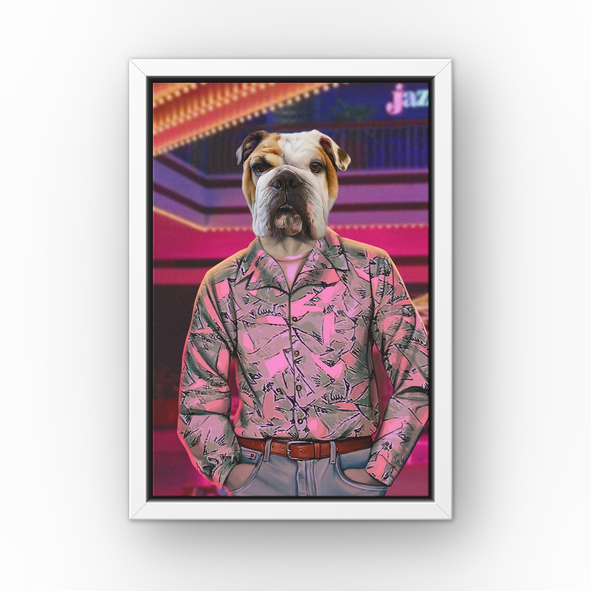 The 80's Cop custom pet canvas in a white floating frame