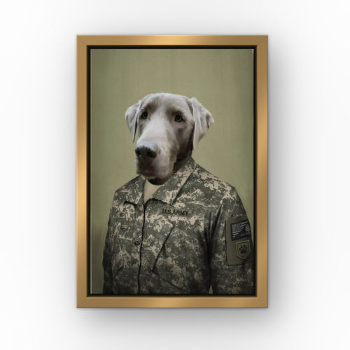 The Army Man custom pet canvas in a gold floating frame
