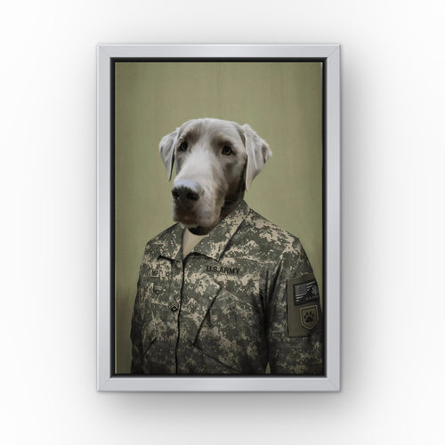 The Army Man custom pet canvas in a silver floating frame