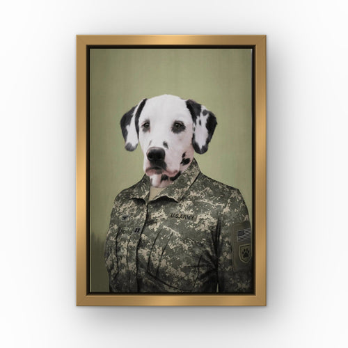 The Army Woman custom pet canvas in a gold floating frame