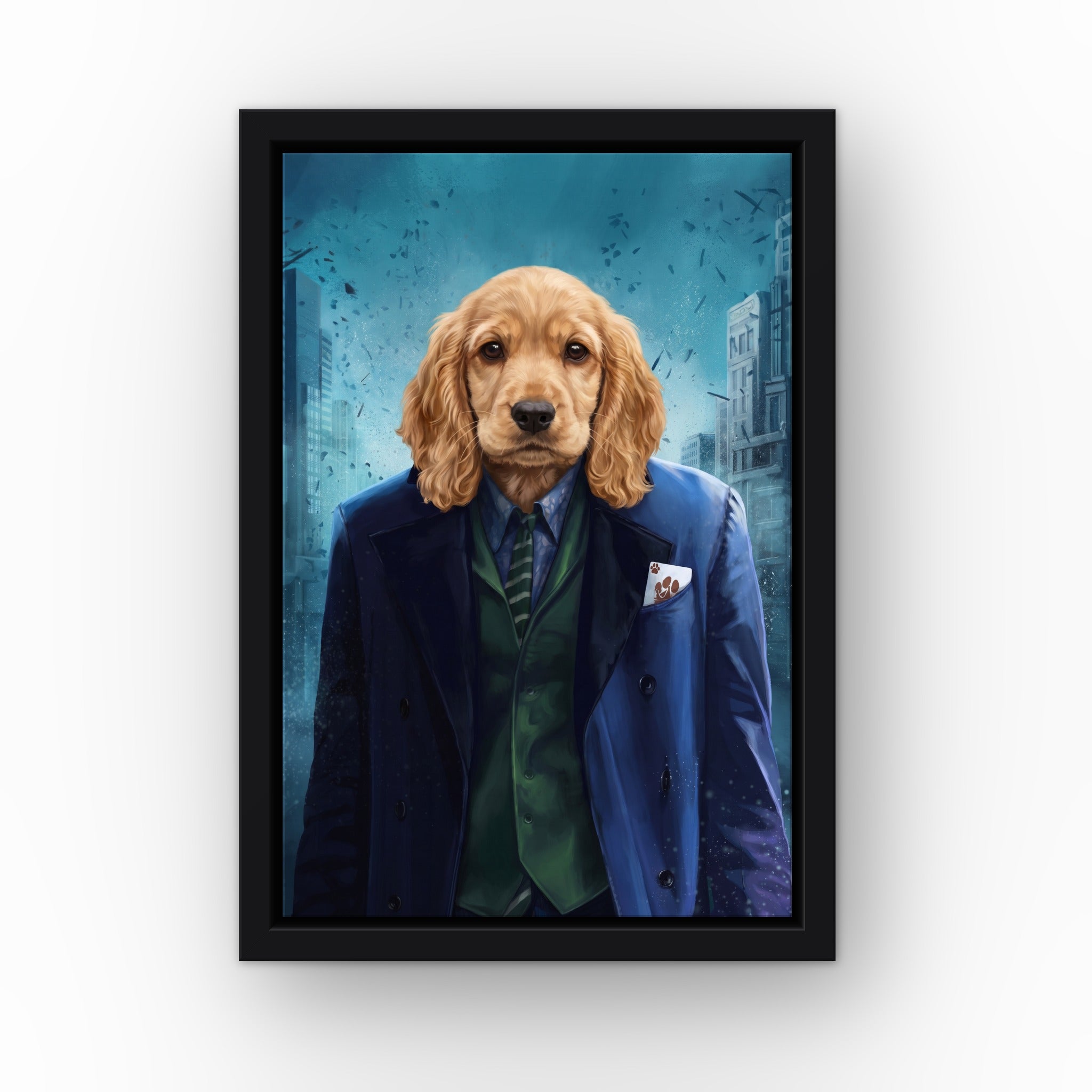 The Bad Guy custom pet canvas in a black floating frame