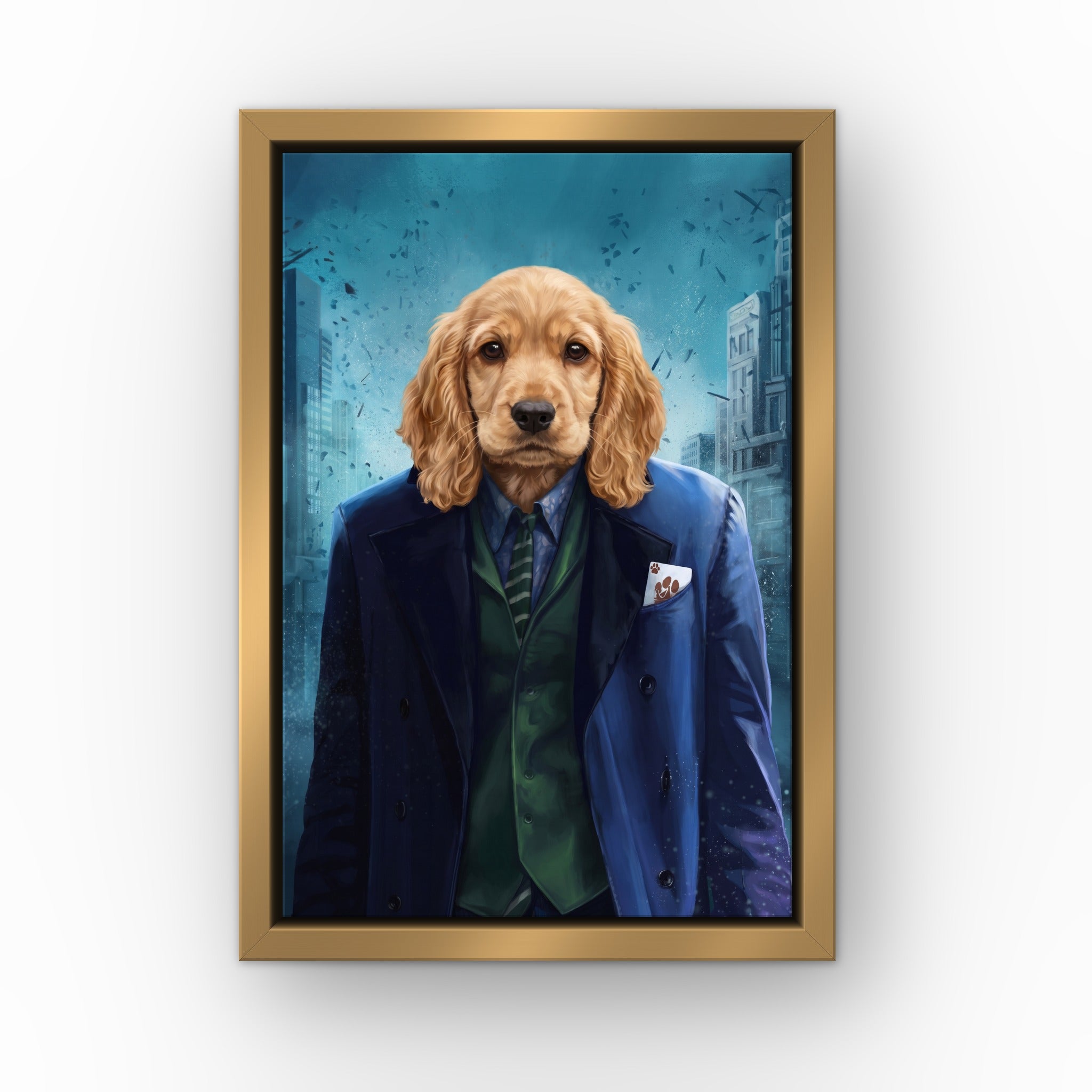 The Bad Guy custom pet canvas in a gold floating frame
