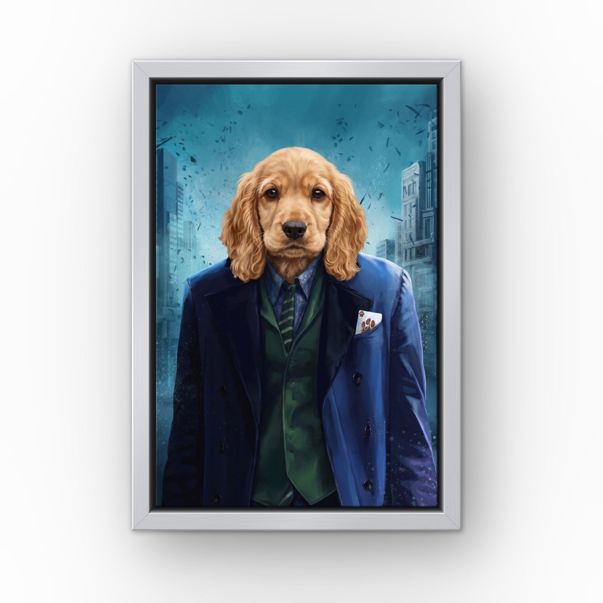 The Bad Guy custom pet canvas in a silver floating frame