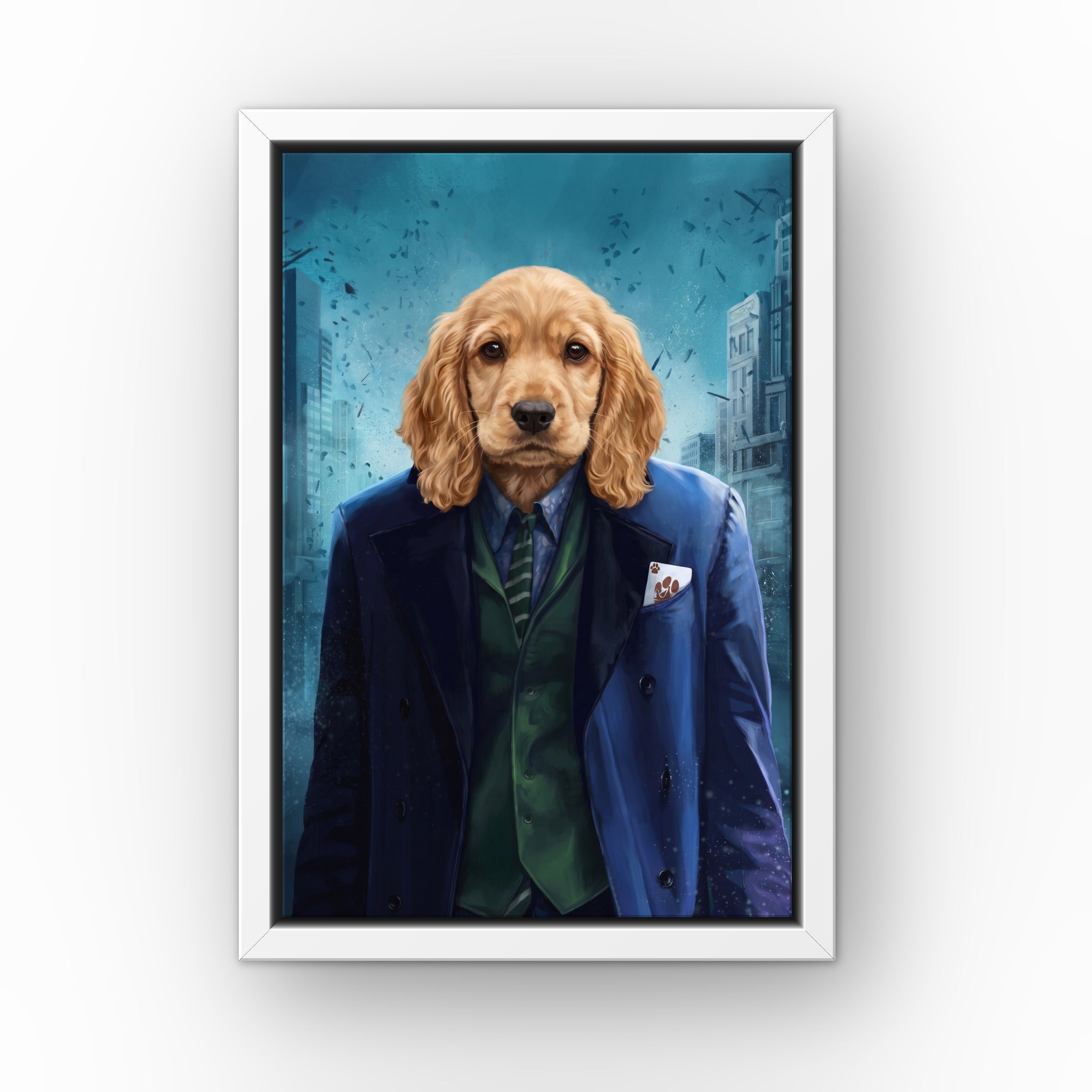 The Bad Guy custom pet canvas in a white floating frame