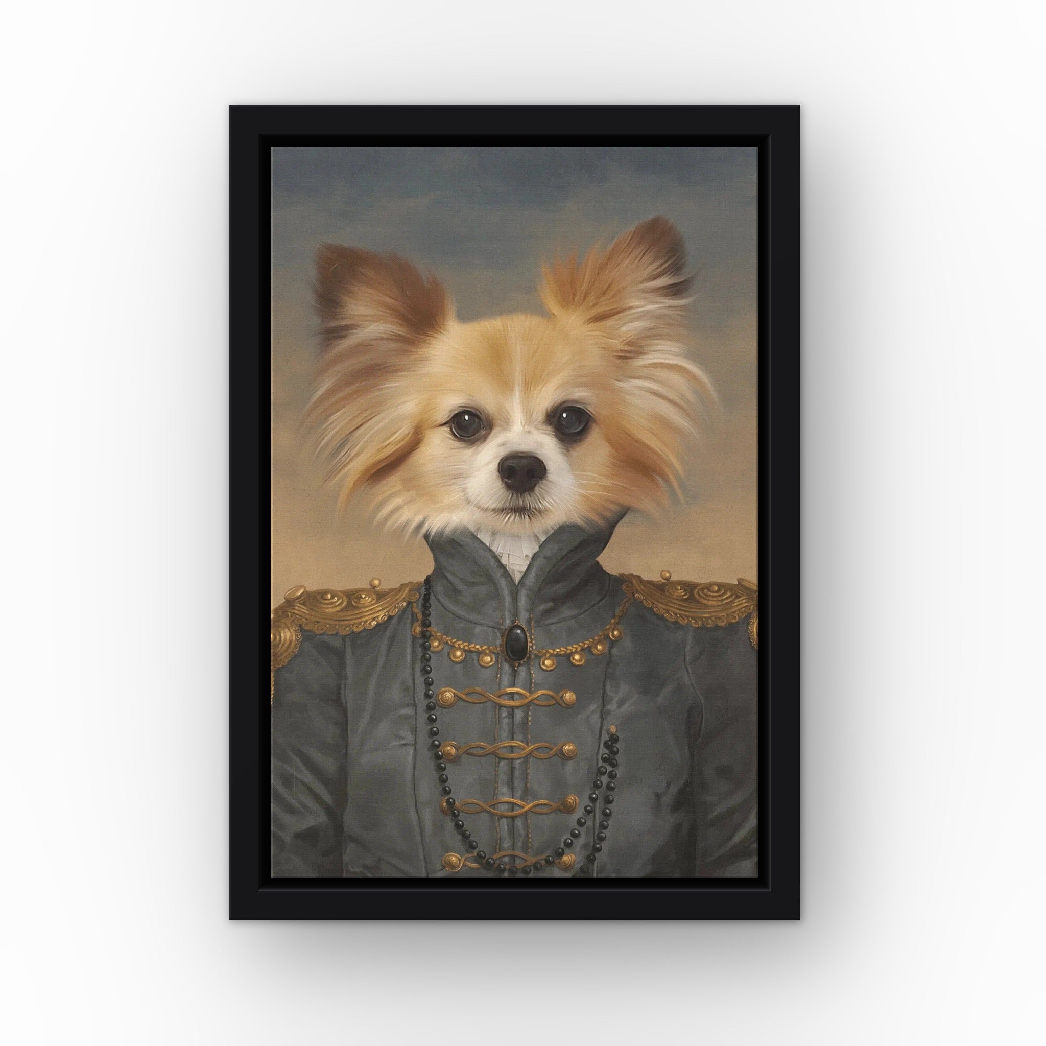 The Baroness custom pet canvas in a black floating frame