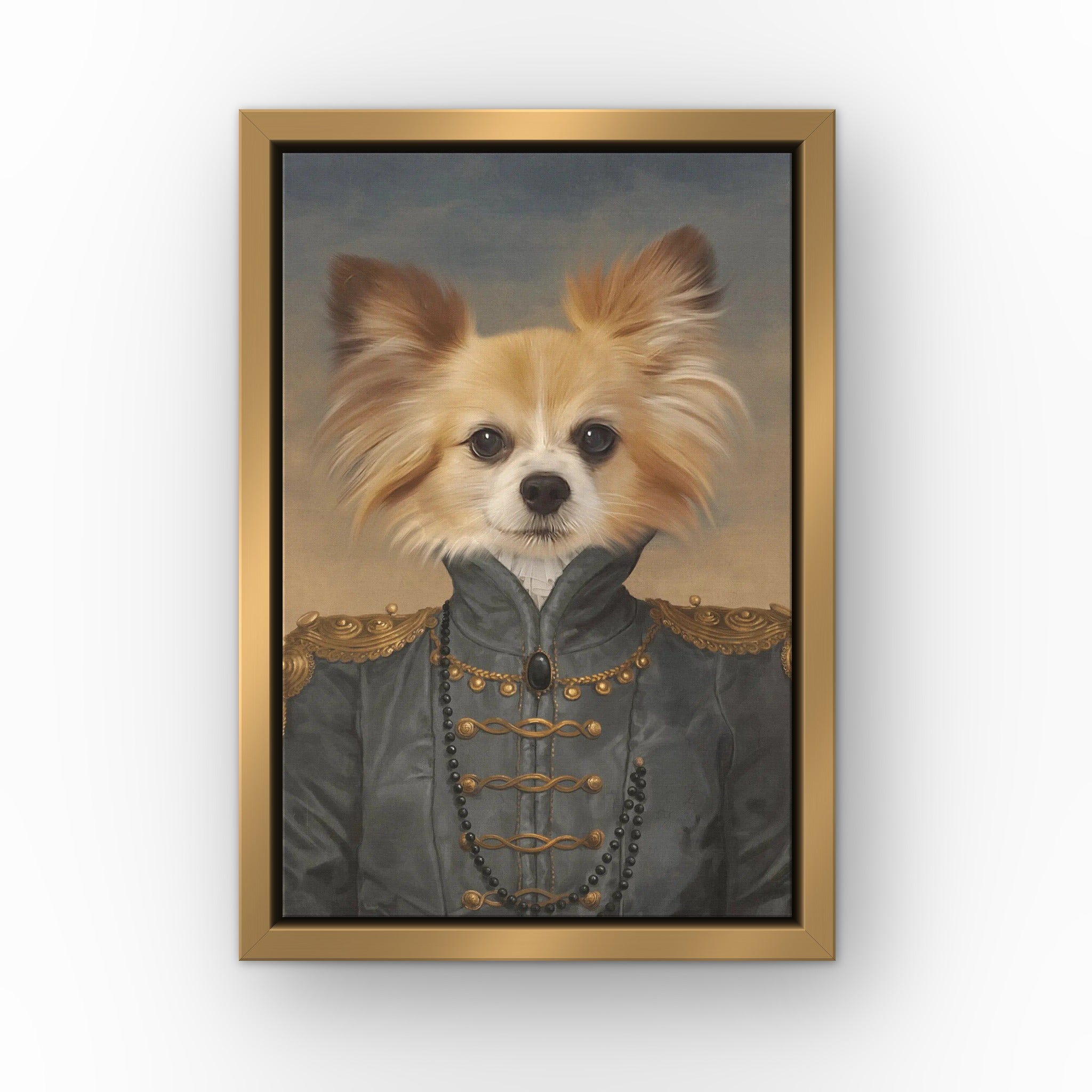 The Baroness custom pet canvas in a gold floating frame
