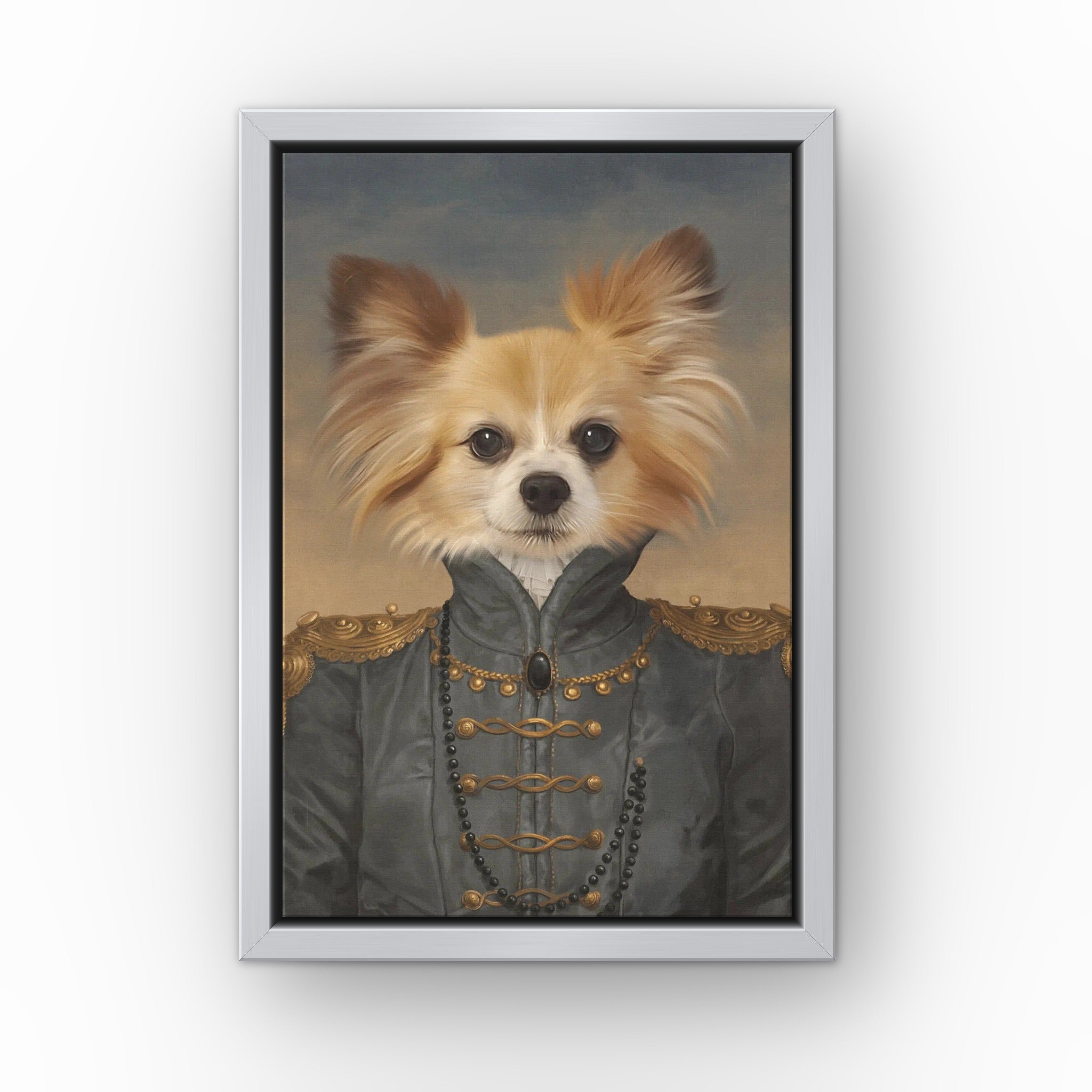 The Baroness custom pet canvas in a silver floating frame