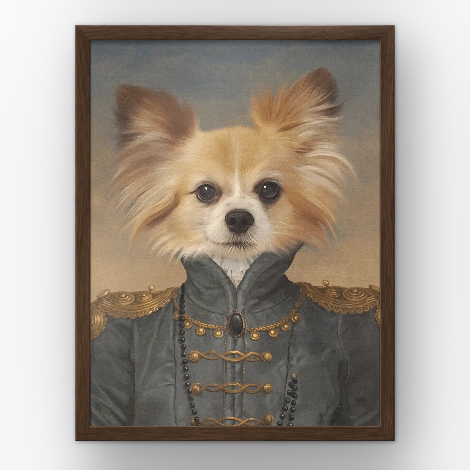 The Baroness custom pet poster in a walnut frame