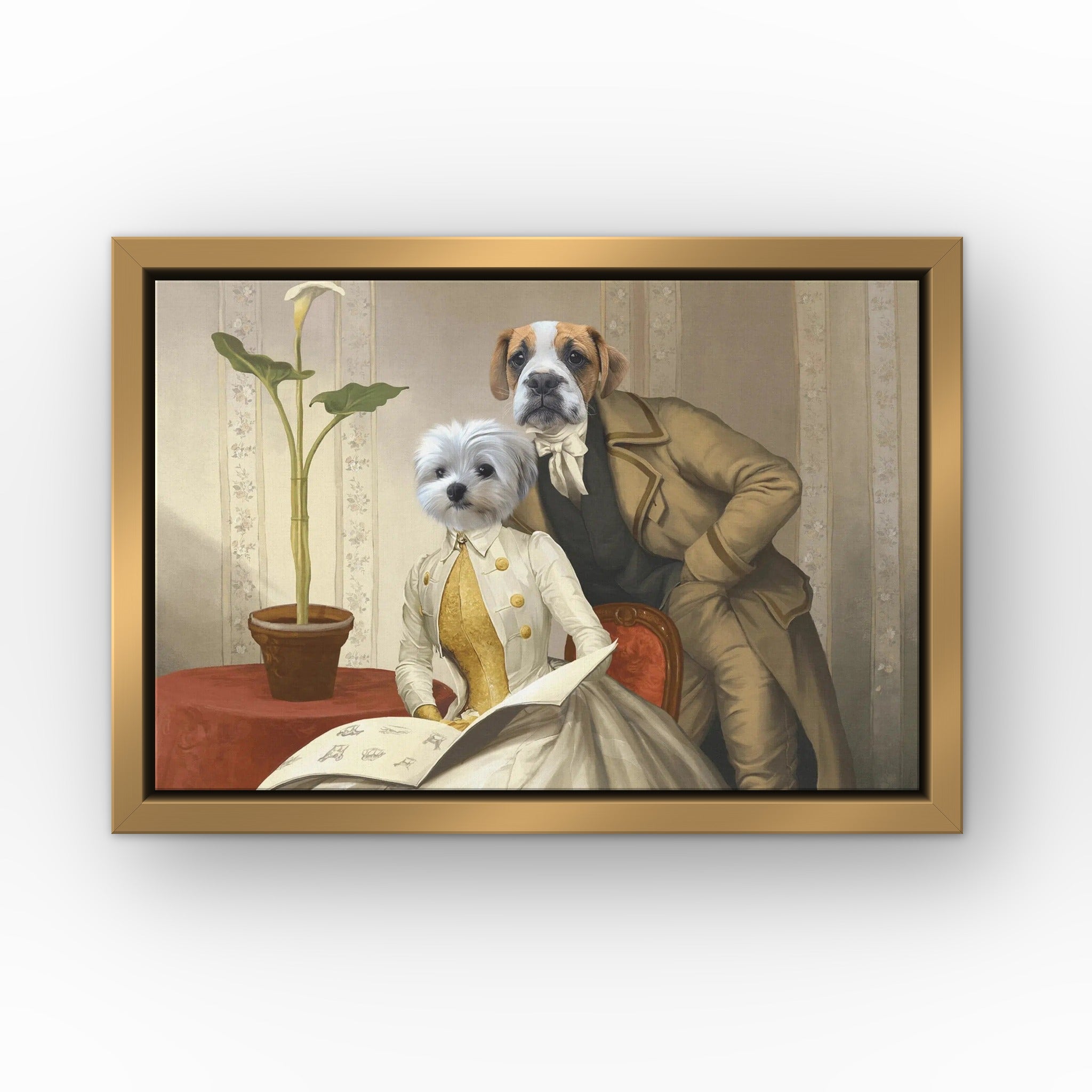 The Betrothed custom pet canvas in a gold floating frame