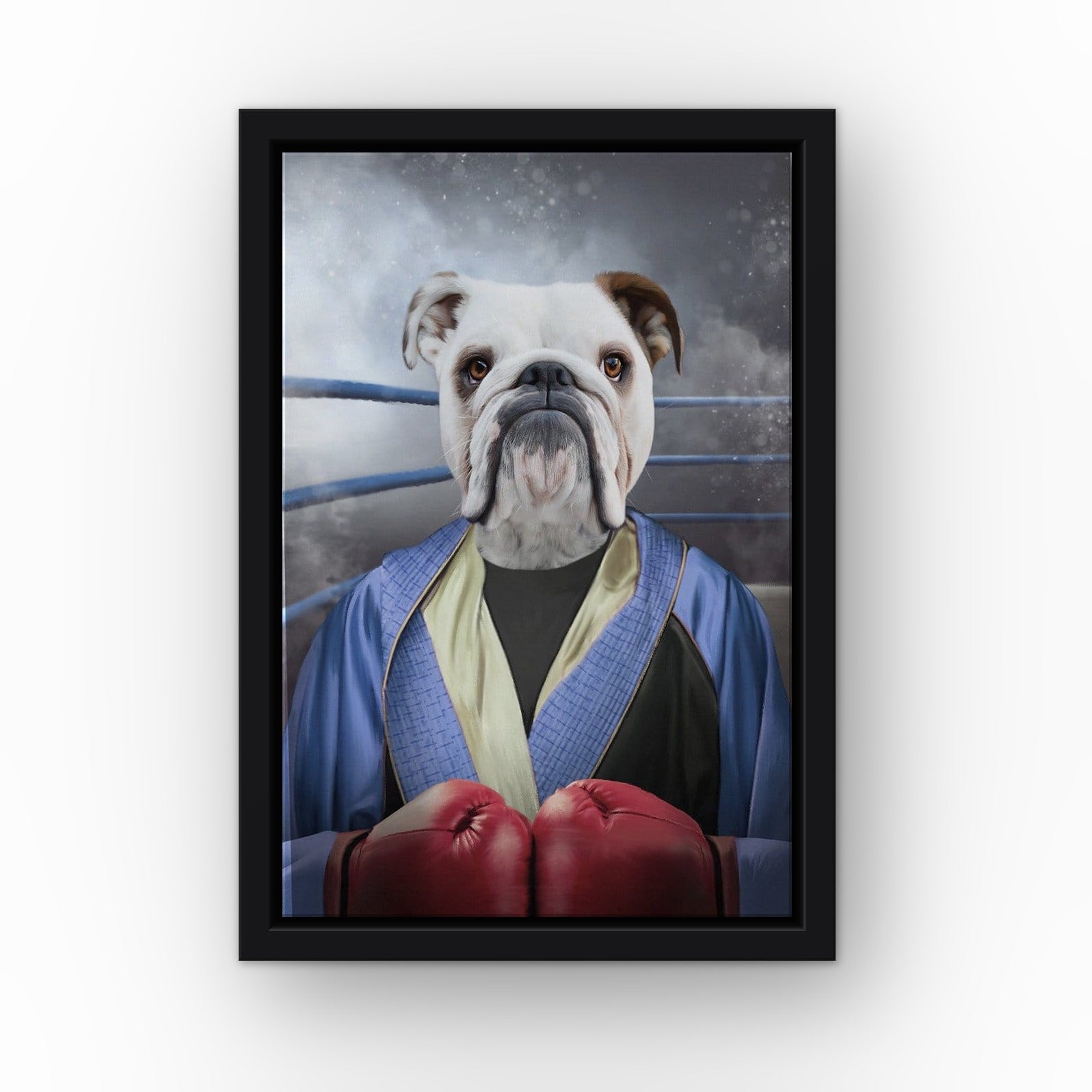 The Boxer custom pet canvas in a black floating frame