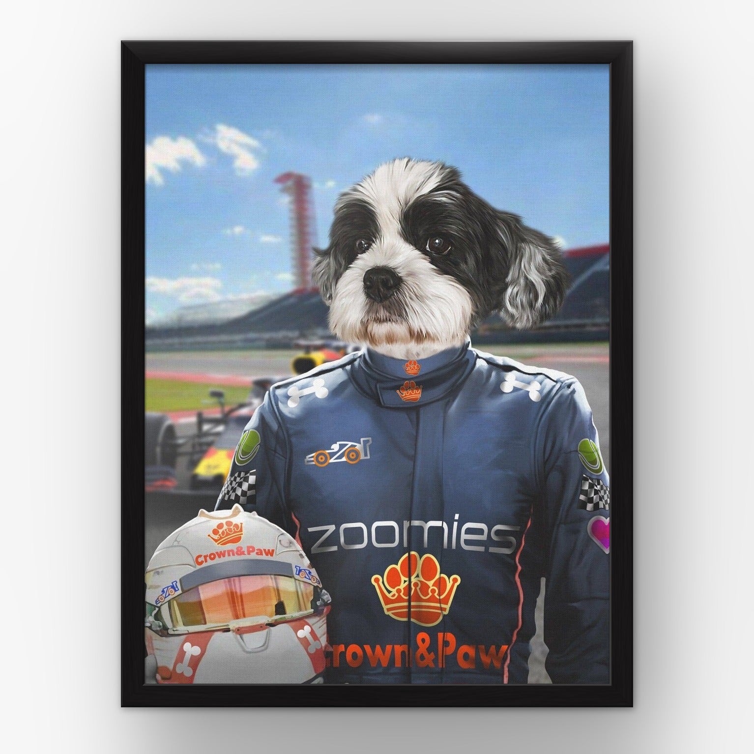 The Champion Driver custom pet poster in a black frame
