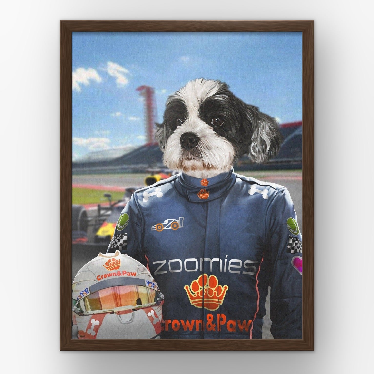 The Champion Driver custom pet poster in a walnut frame