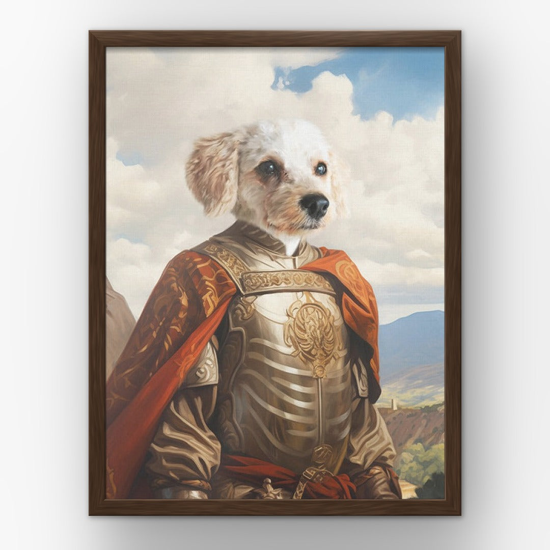 The Conquistador custom pet poster in a walnut frame