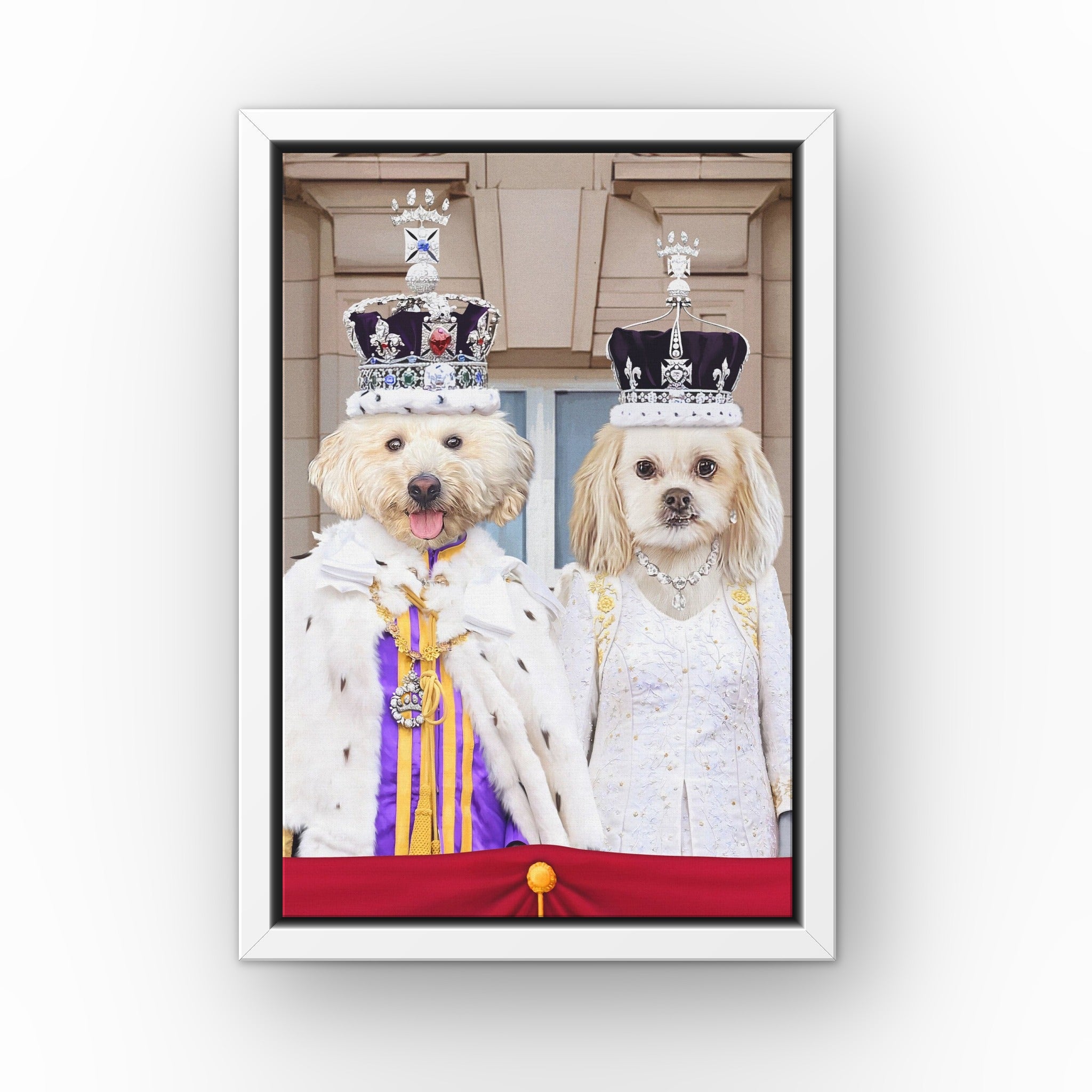 The Coronation Couple custom pet canvas in a white floating frame