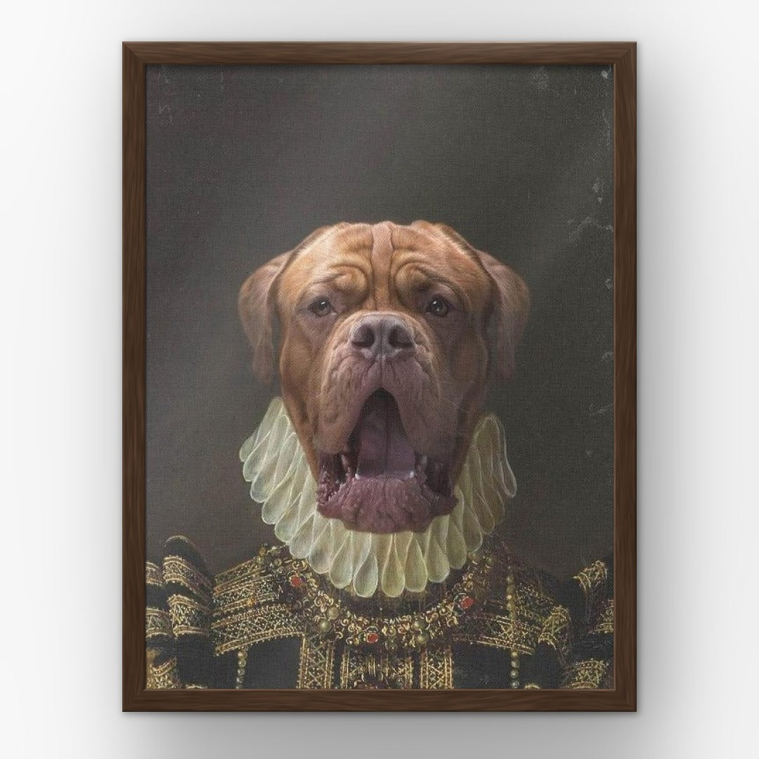 The Dame custom pet poster in a walnut frame