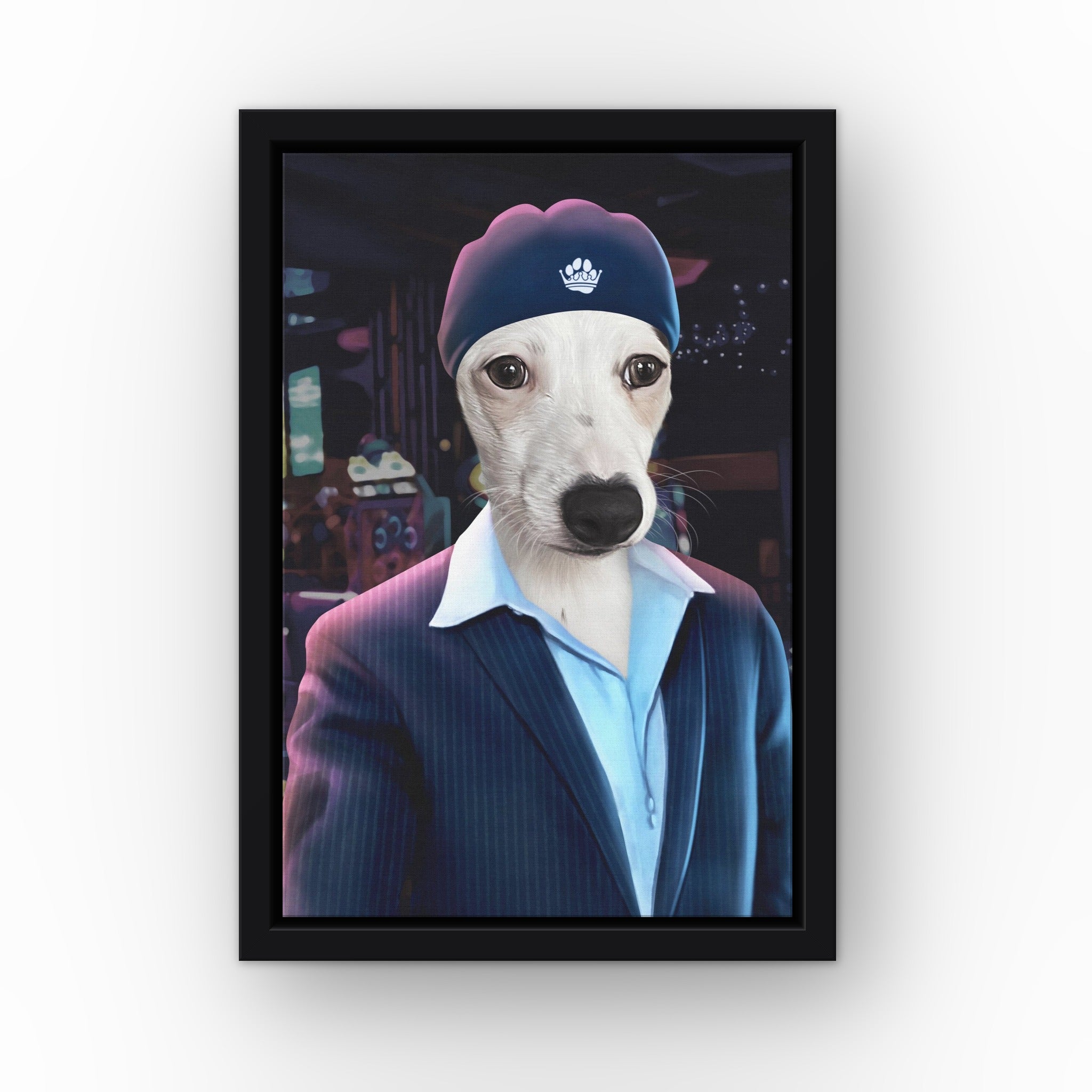 The Date Boss custom pet canvas in a black floating frame
