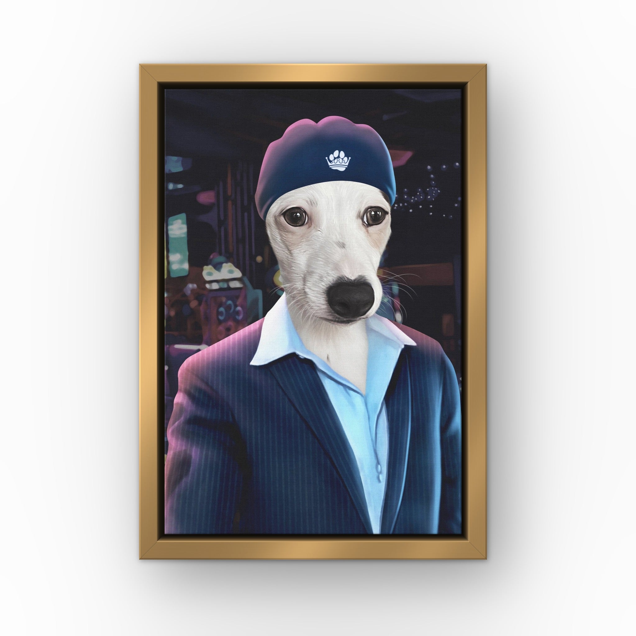 The Date Boss custom pet canvas in a gold floating frame
