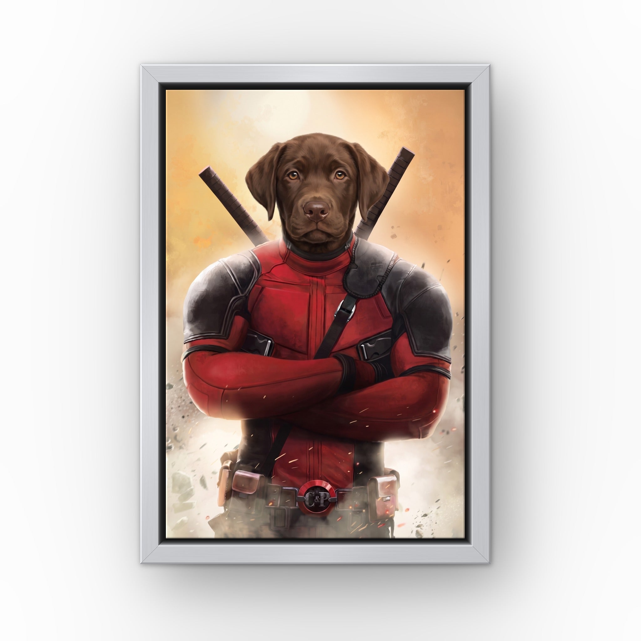 The Deadpawl custom pet canvas in a silver floating frame