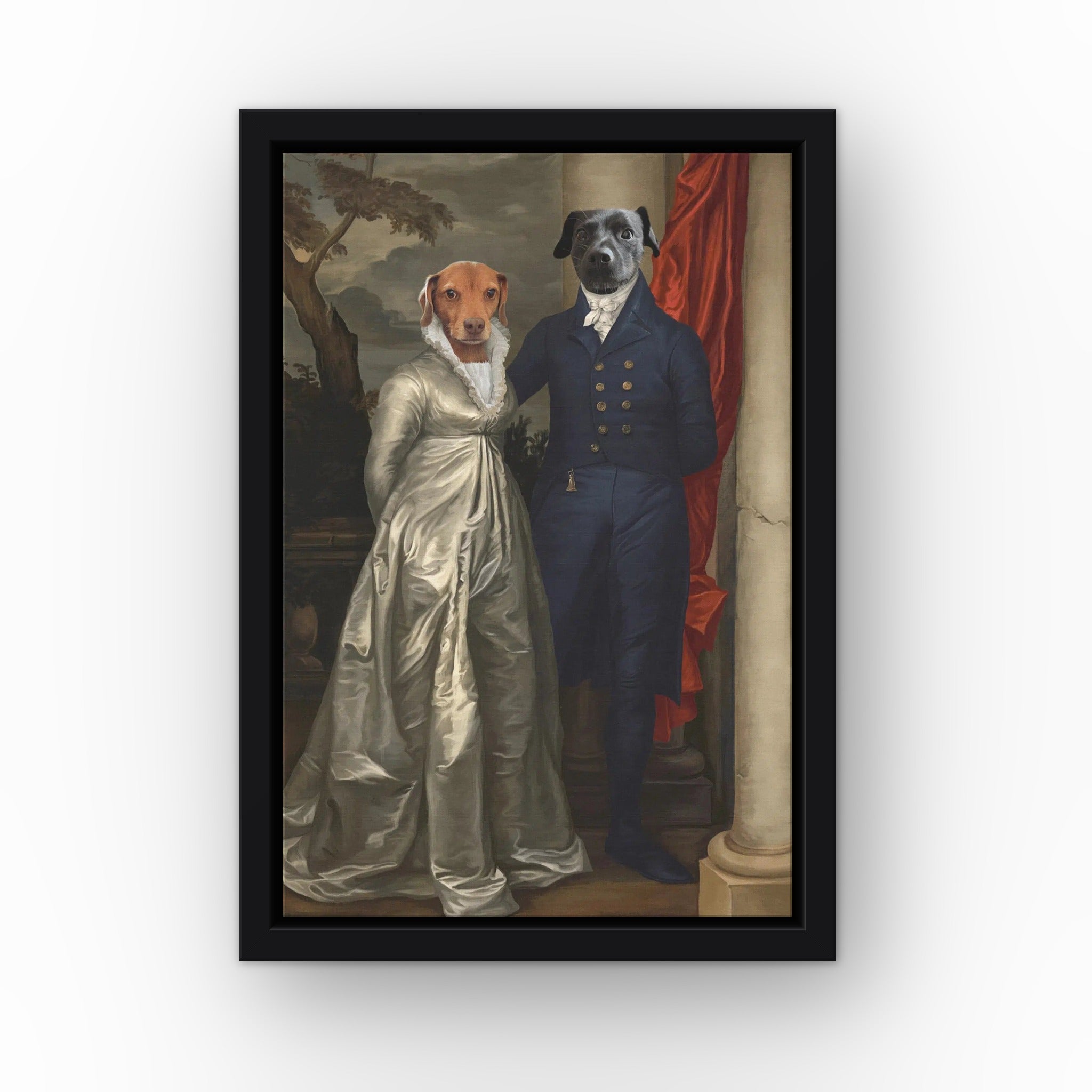 The Dinner Date custom pet canvas in a black floating frame