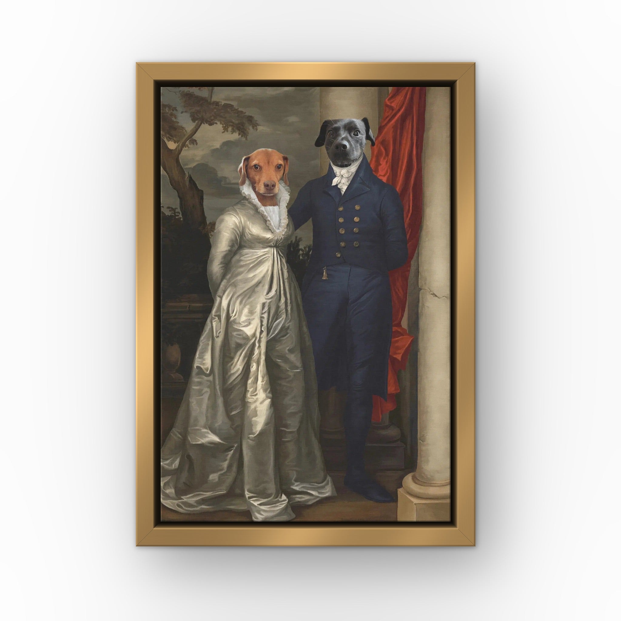 The Dinner Date custom pet canvas in a gold floating frame