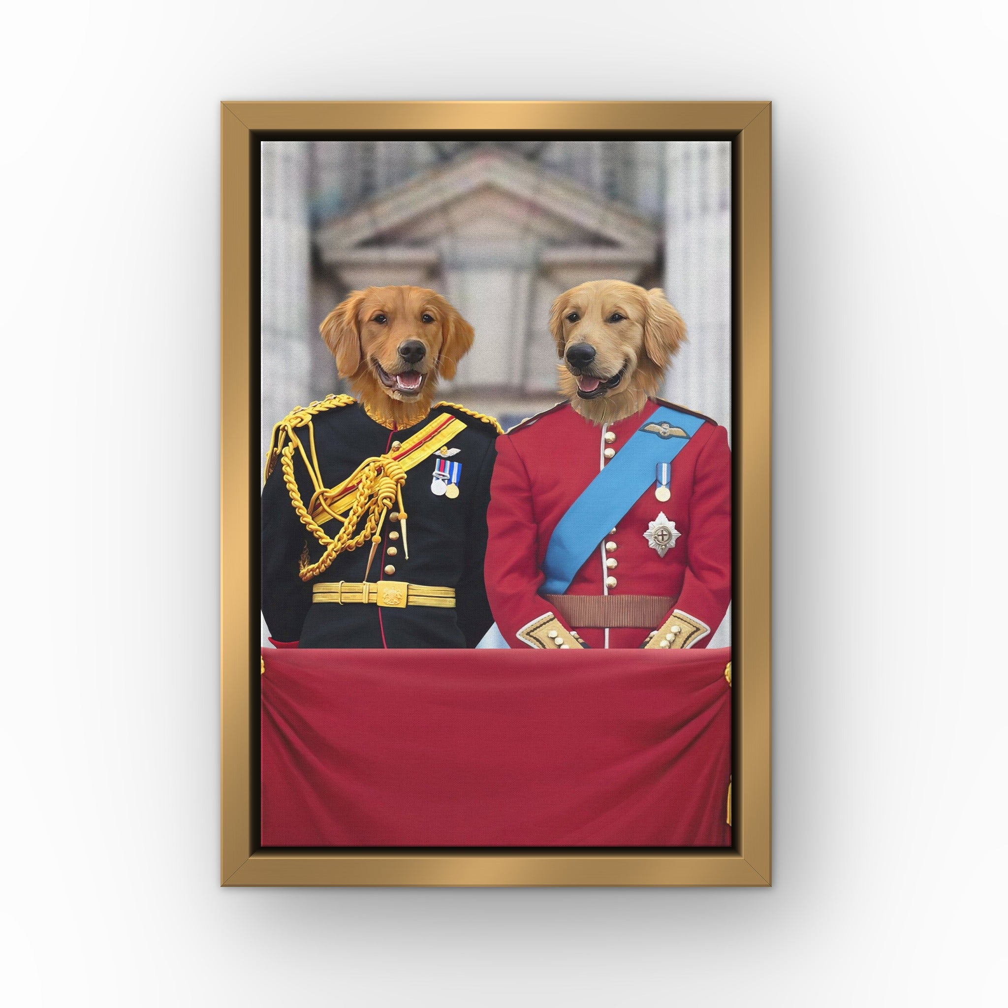 The English Princes custom pet canvas in a gold floating frame