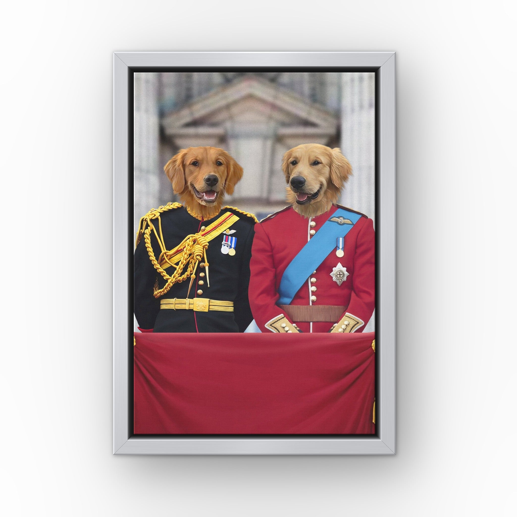 The English Princes custom pet canvas in a silver floating frame