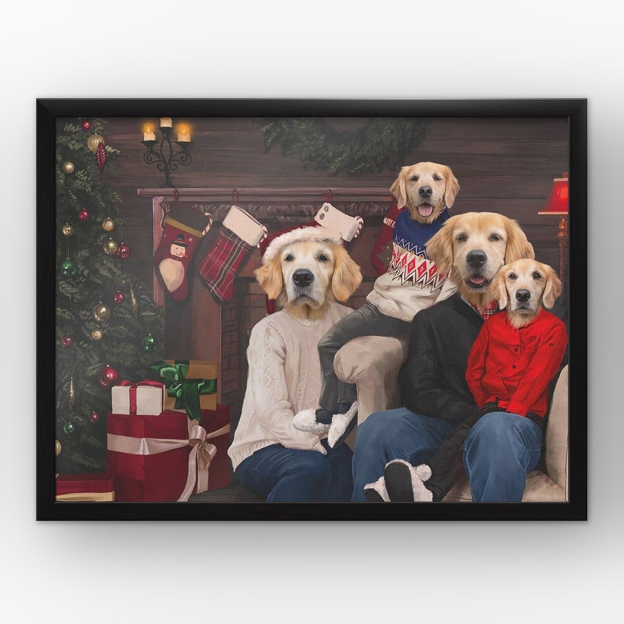 The Family Christmas (Four Pets) custom pet poster in a black frame