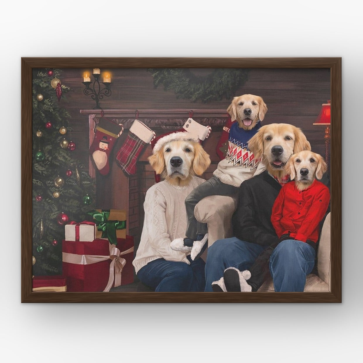 The Family Christmas (Four Pets) custom pet poster in a walnut frame