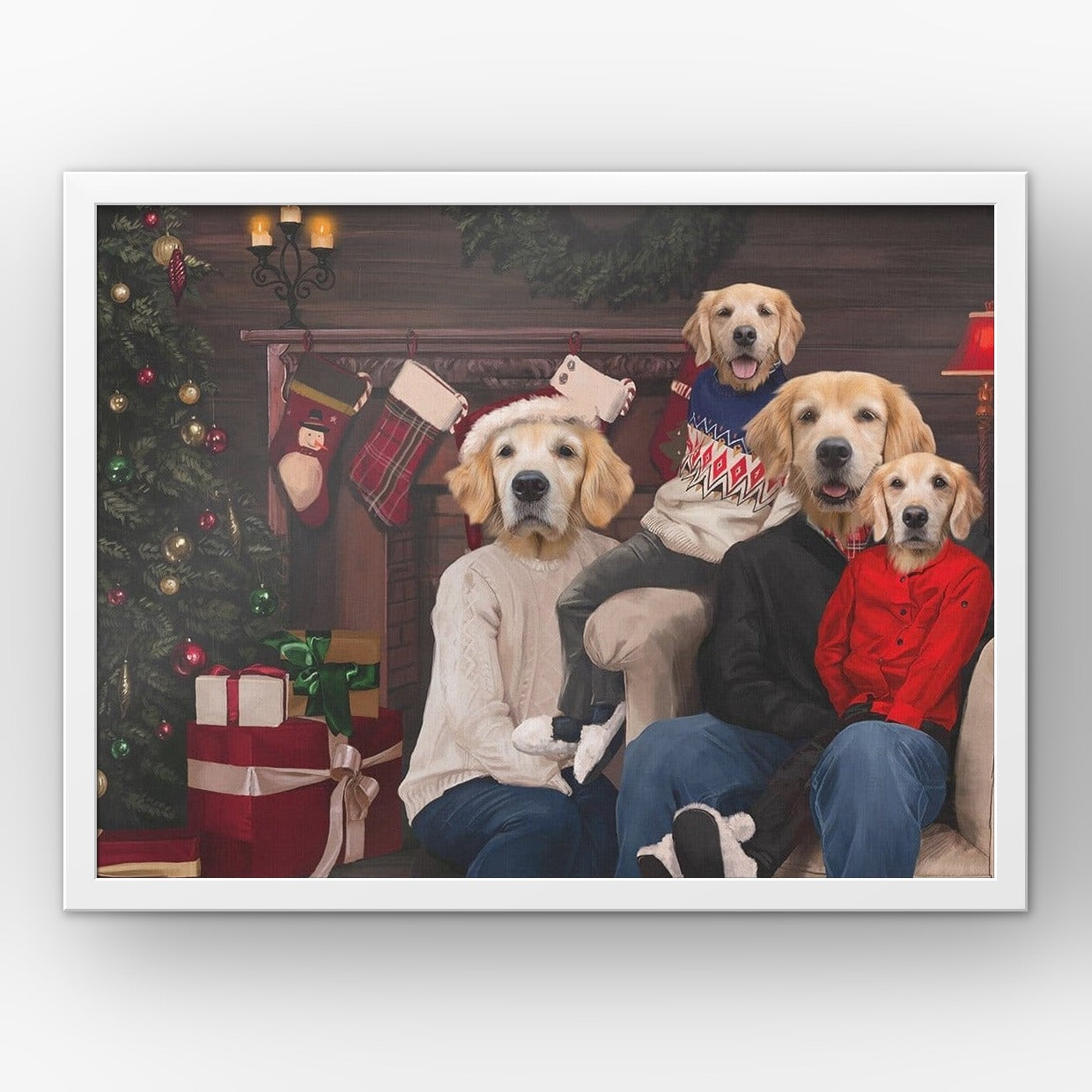 The Family Christmas (Four Pets) custom pet poster in a white frame