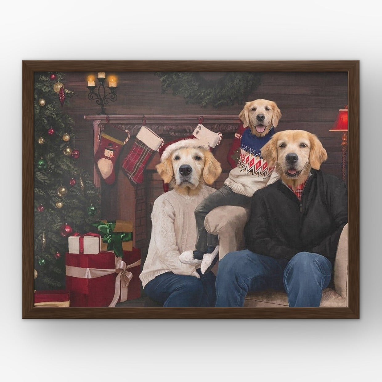 The Family Christmas (Three Pets) custom pet poster in a walnut frame