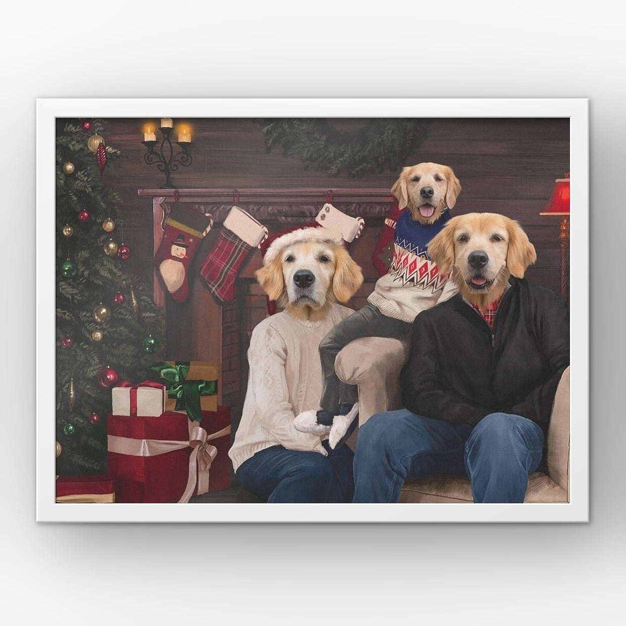 The Family Christmas (Three Pets) custom pet poster in a white frame