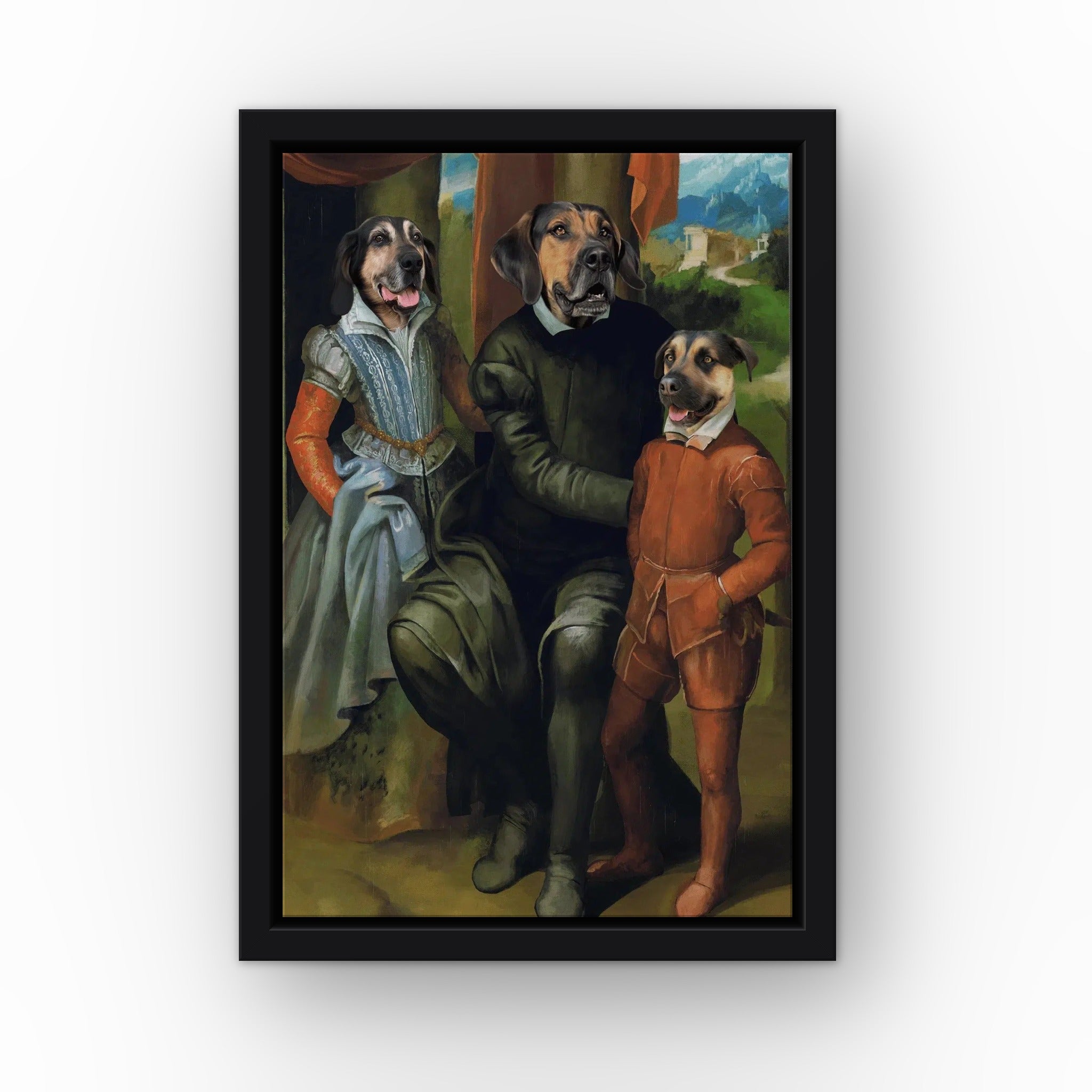 The Family of Three custom pet canvas in a black floating frame