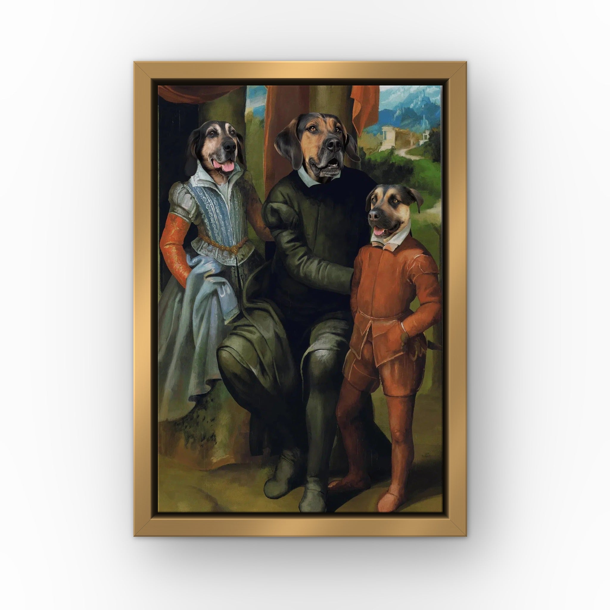 The Family of Three custom pet canvas in a gold floating frame