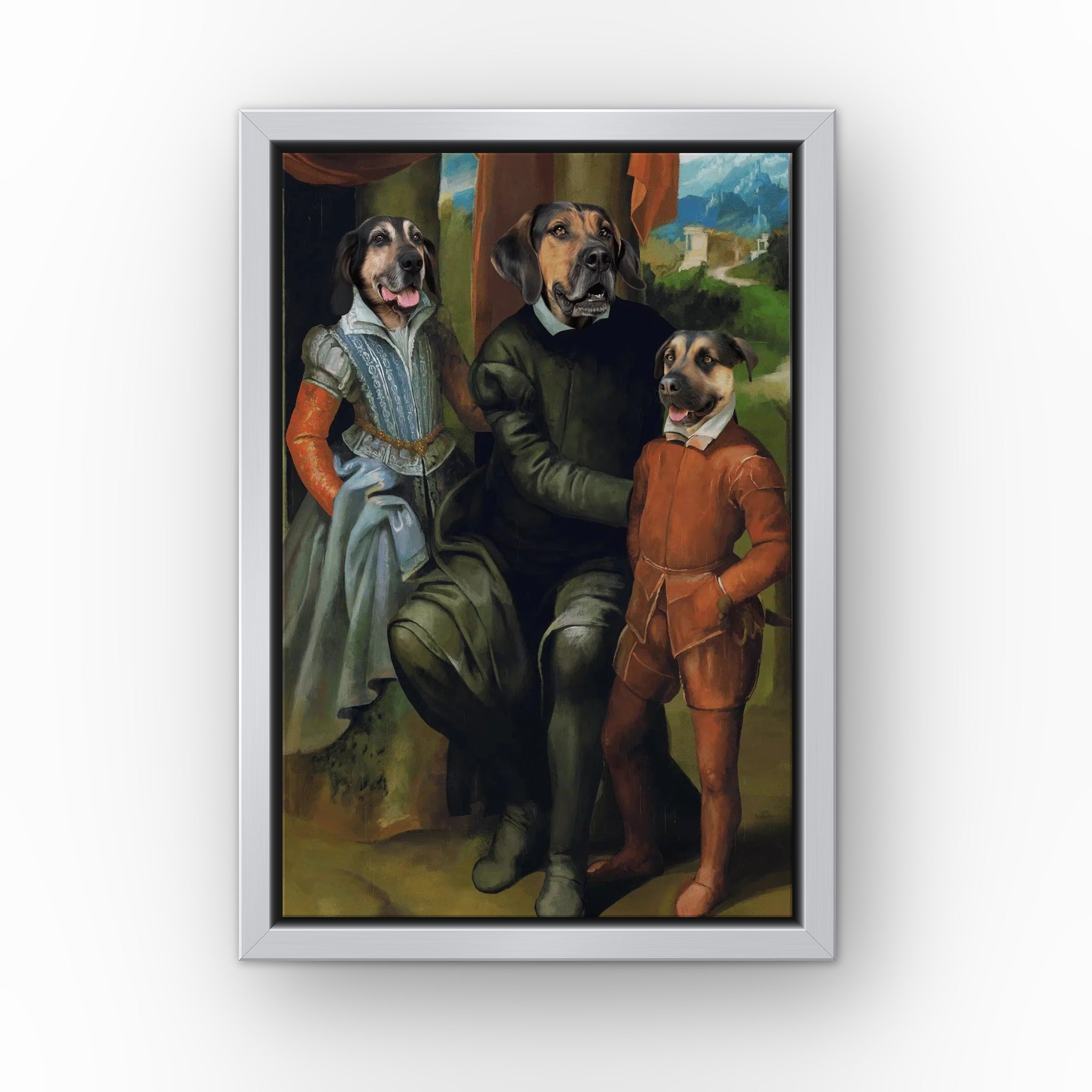 The Family of Three custom pet canvas in a silver floating frame