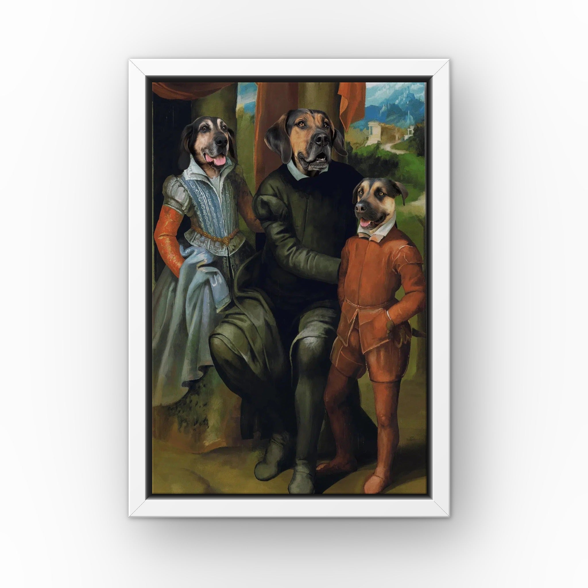 The Family of Three custom pet canvas in a white floating frame