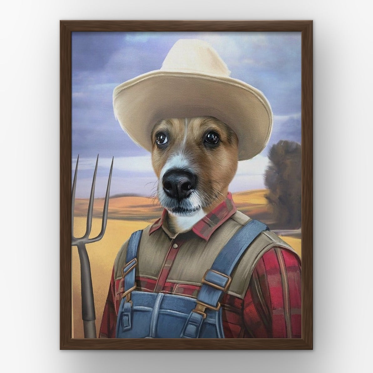 The Farmer custom pet poster in a walnut frame