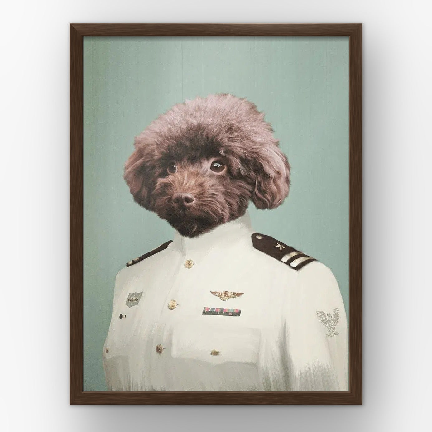 The Female Coast Guard custom pet poster in a walnut frame
