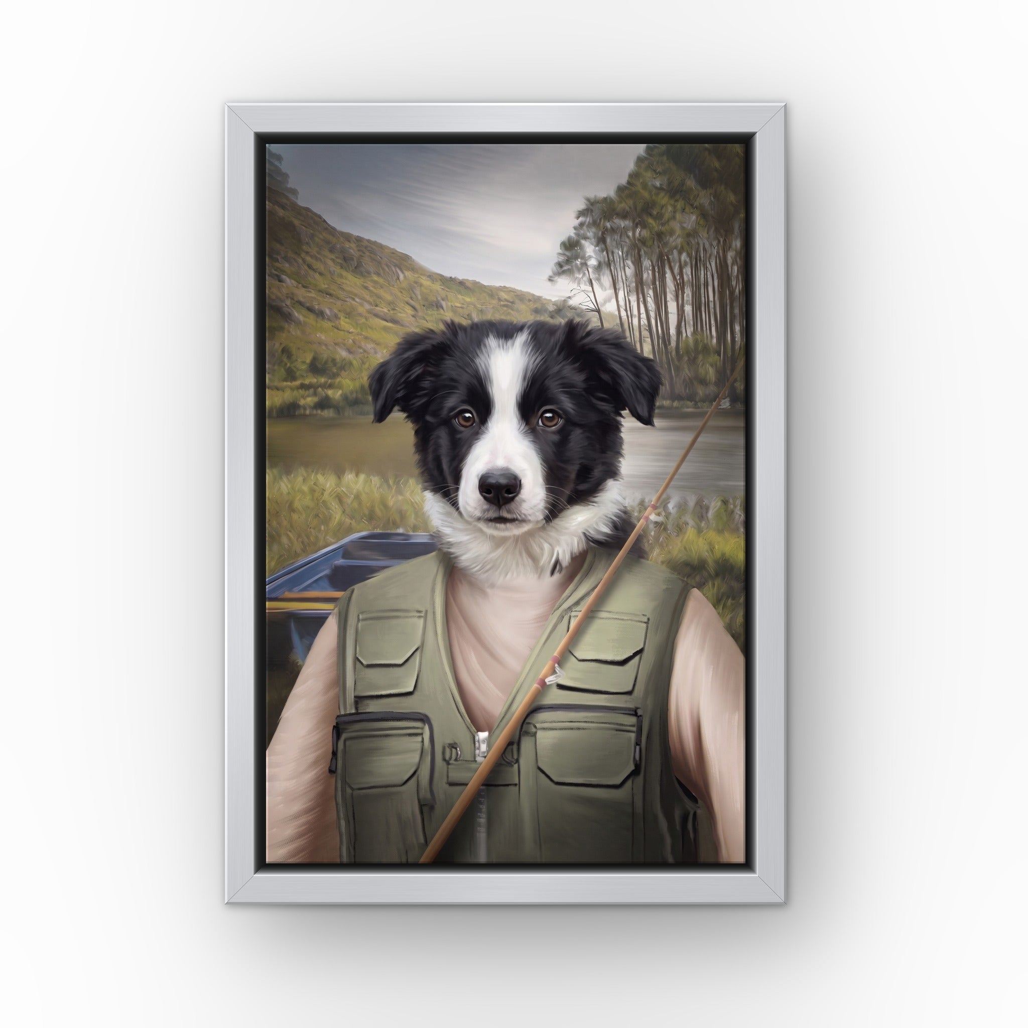 The Fisherman custom pet canvas in a silver floating frame