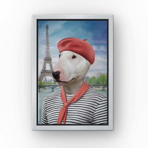 The Frenchie custom pet canvas in a silver floating frame