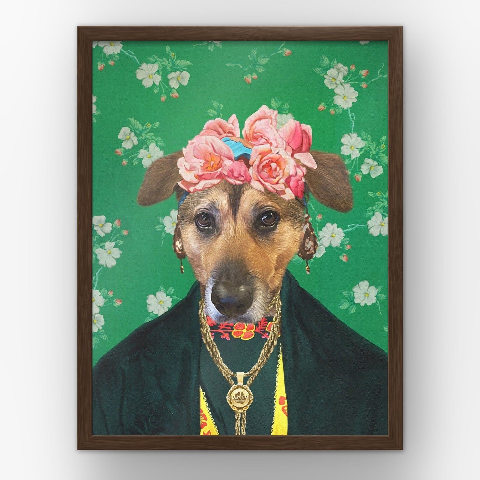 The Frida Kahlo custom pet poster in a walnut frame